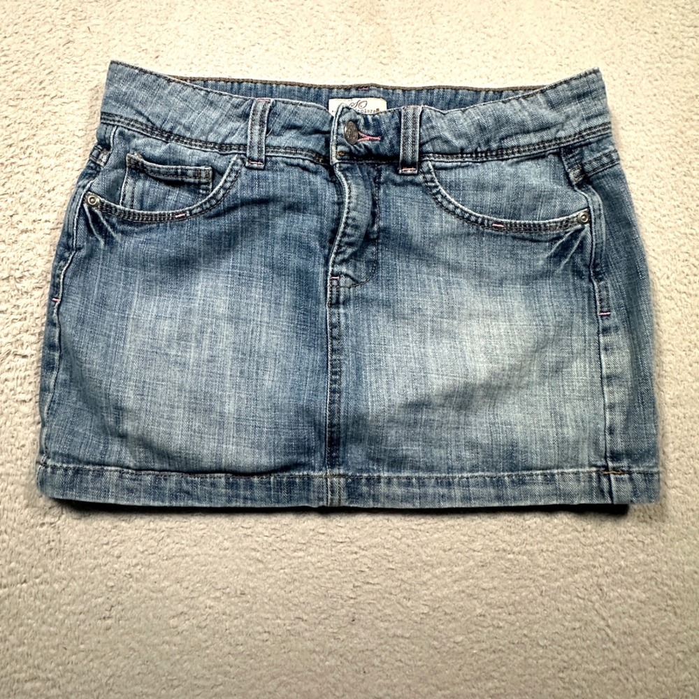 Vintage Y2K SO Denim Mini Skirt Women's 7 Blue Embroidered Rhinestone READ